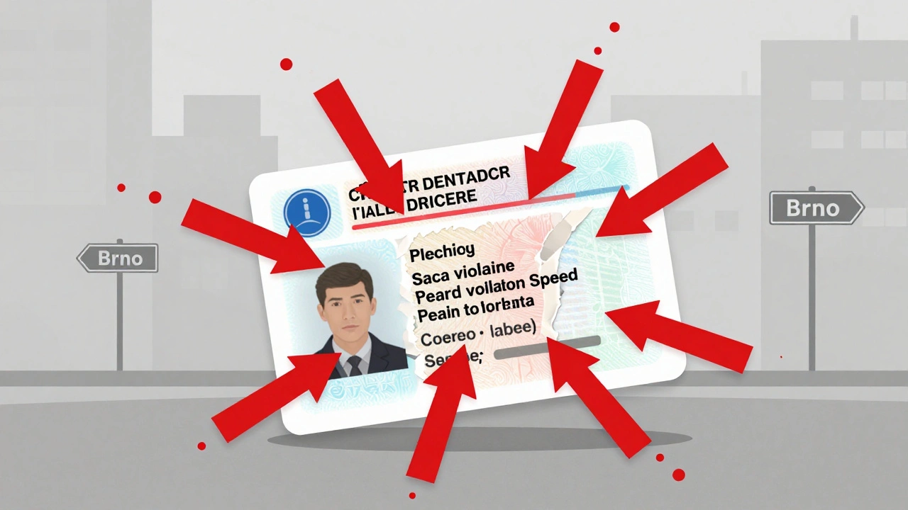 Řidičský průkaz roztrhávaný šesti porušeními pravidel silničního provozu.