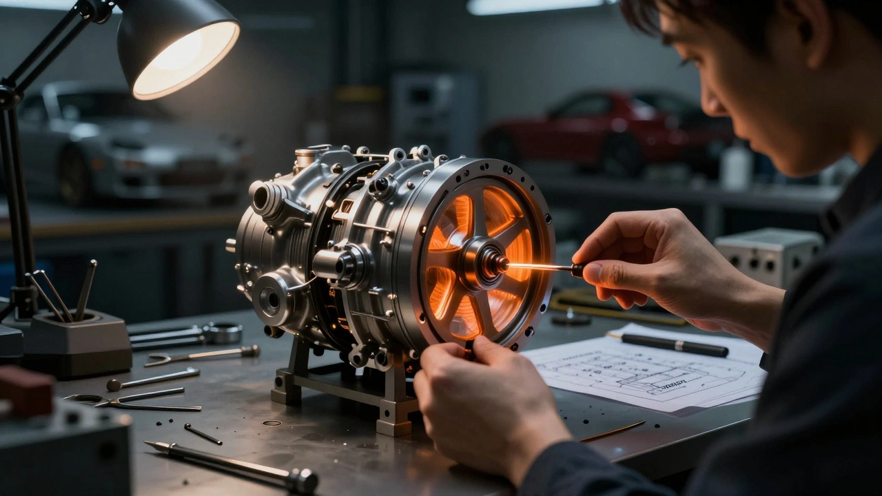 Ručně sestavovaný rotary motor Mazda s tečkujícím rotorovým elementem.