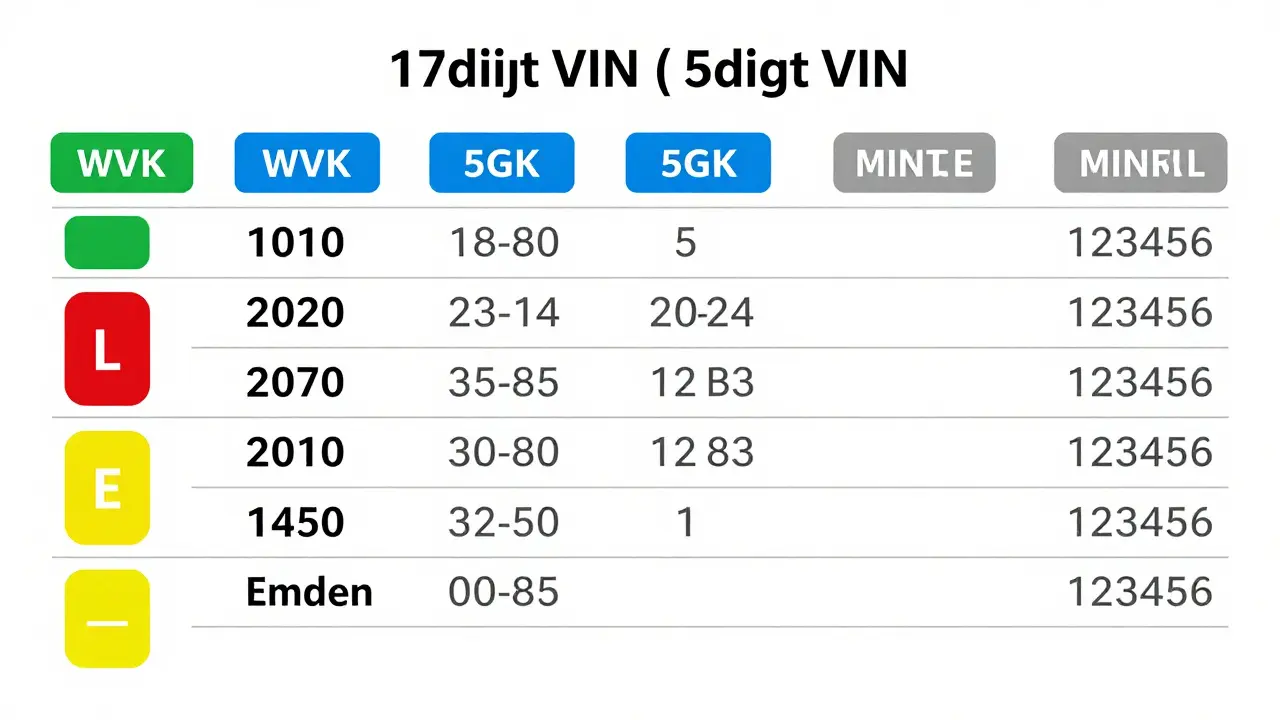 Schéma 17znakového VIN kódu auta s označenými částmi: výrobce, typ, rok výroby a továrna.