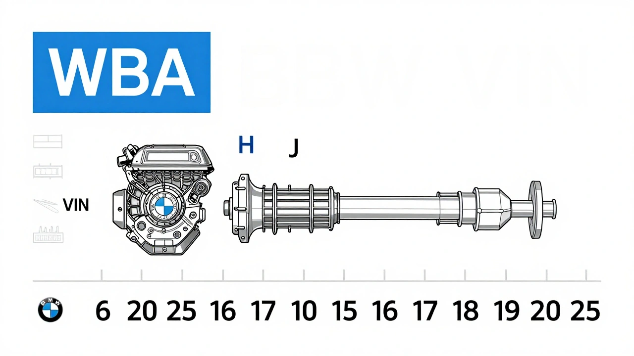 Technický diagram rozboru 17znakového VIN kódu auta BMW.