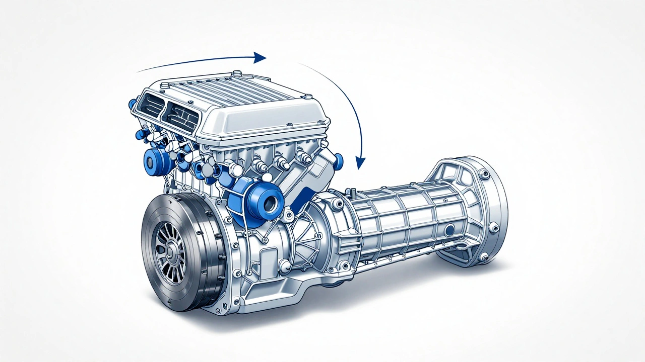 Technický náčrt motoru a převodovky s odpojenou spojkou při startu.