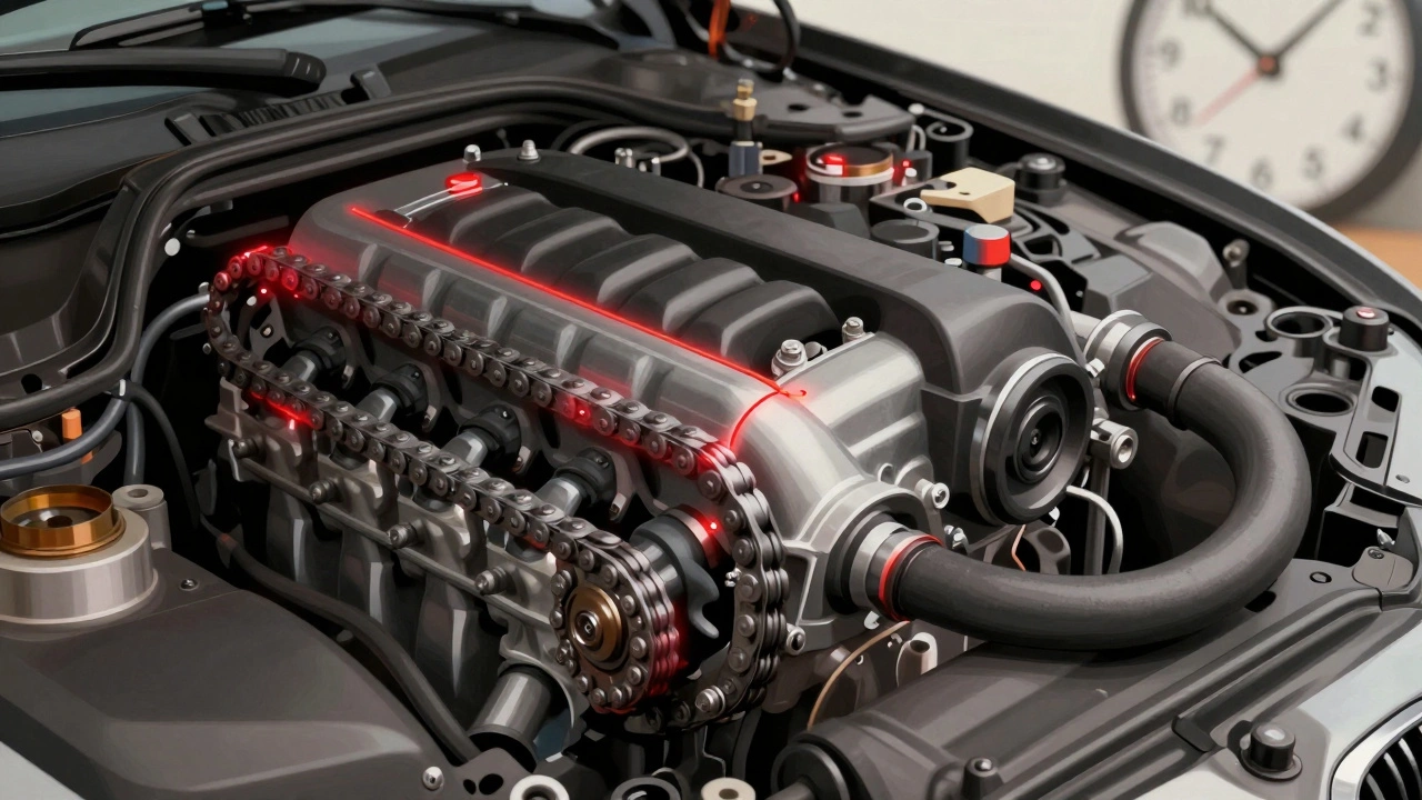 Technický náčrt motoru BMW s výrazně zvýrazněnými poruchami řetězu, úniku oleje a chlazení.