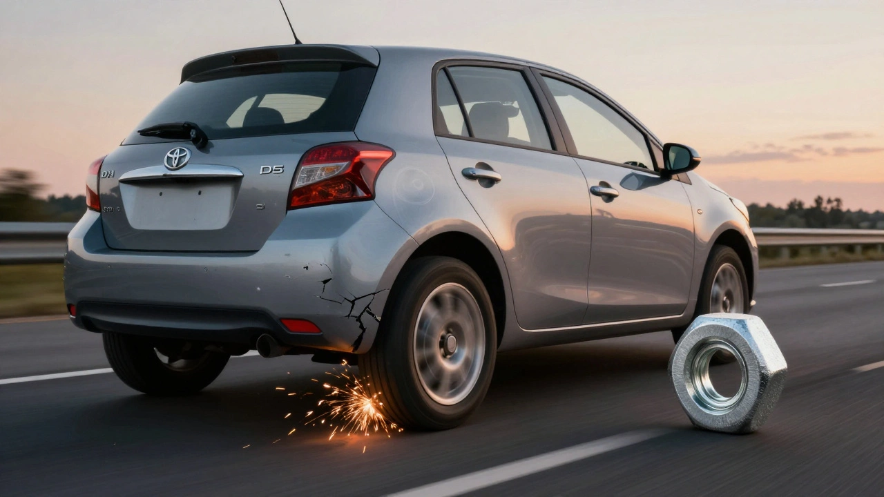 Toyota car with detached wheel due to broken cheap wheel nut on highway at dusk.