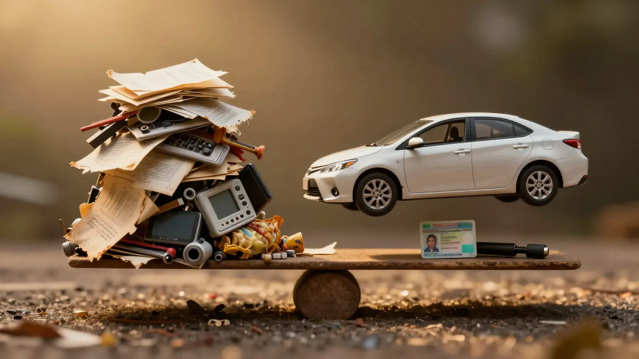 Toyota na váhách: jedna strana těžkého špínu, druhá lehkých nezbytností — symbol efektivity.