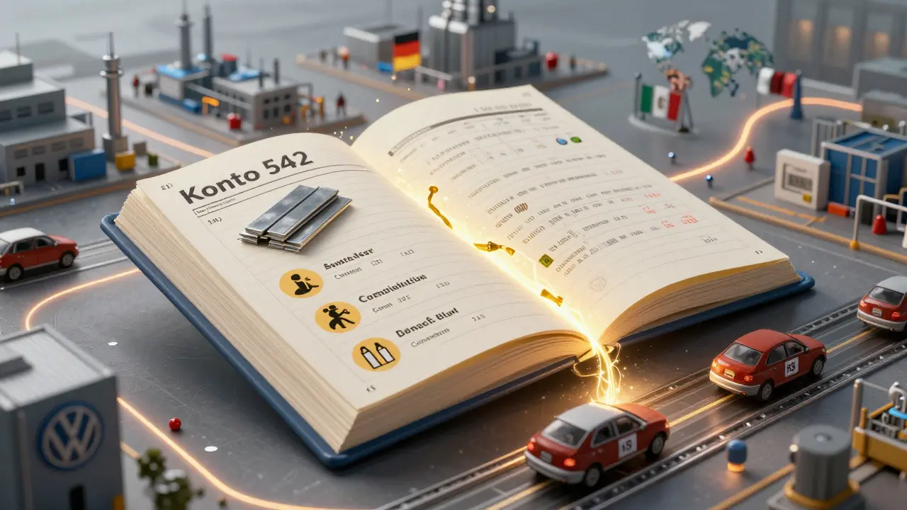 Velká účetní kniha s náklady Konto 542 nad továrnou, symbolizující výrobní náklady aut.