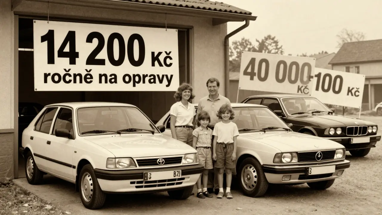 Vintážní reklamní plakát s rodinou u Toyoty a Renaultu, zatímco drahá auta jsou v pozadí jako stíny.