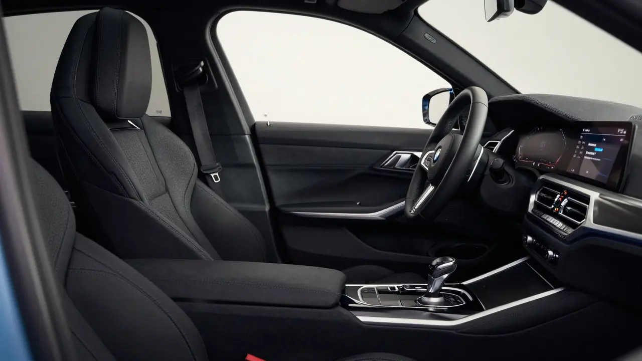 Vnitřek BMW s M-paketem: sportovní sedadla s podpěrami, kovový převodový koule a displej s 'M Performance' značkou.