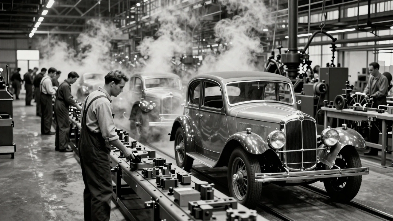 Výrobní linka Opelu v roce 1924 s automobily na páse.