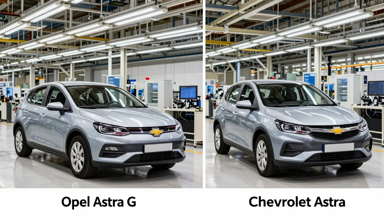 Dvě stejná auta na stejné výrobní lince, jedno jako Opel, druhé jako Chevrolet.