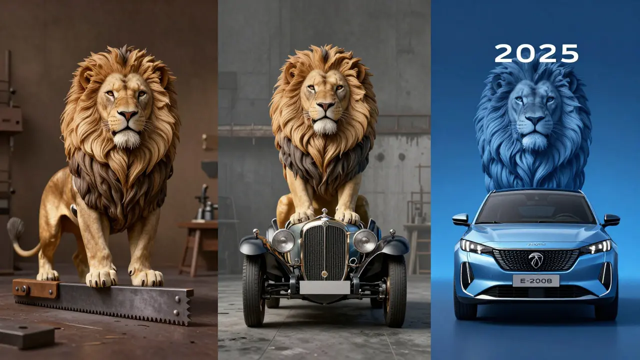 Evoluce loga lva od pilového listu přes automobil k elektromobilu e-2008.