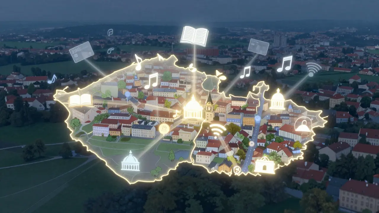 Kartografická představa kulturních výdajů v Česku s měsíčními kredity pro města.