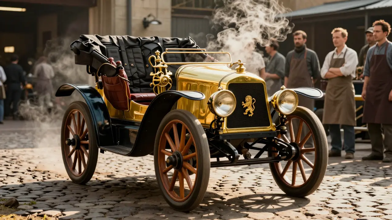 První Peugeot auto z roku 1889 vyjíždí z továrny s levem na radiátoru a parou z motoru.