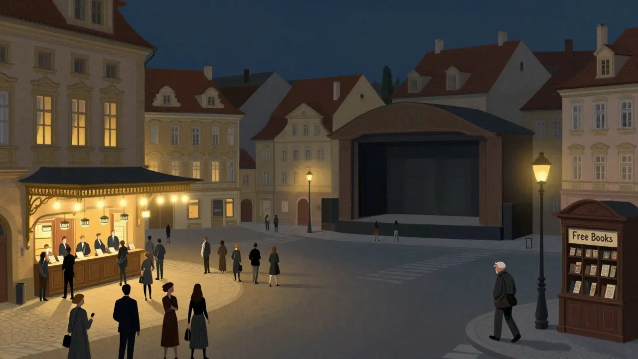 Rozdělený pohled na pražské divadlo a opuštěnou vesnickou scénu v kultuře.