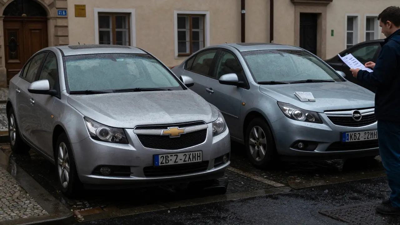 Zastaralé Chevrolet Cruze na české ulici vedle nového Opelu Karl v dešti.