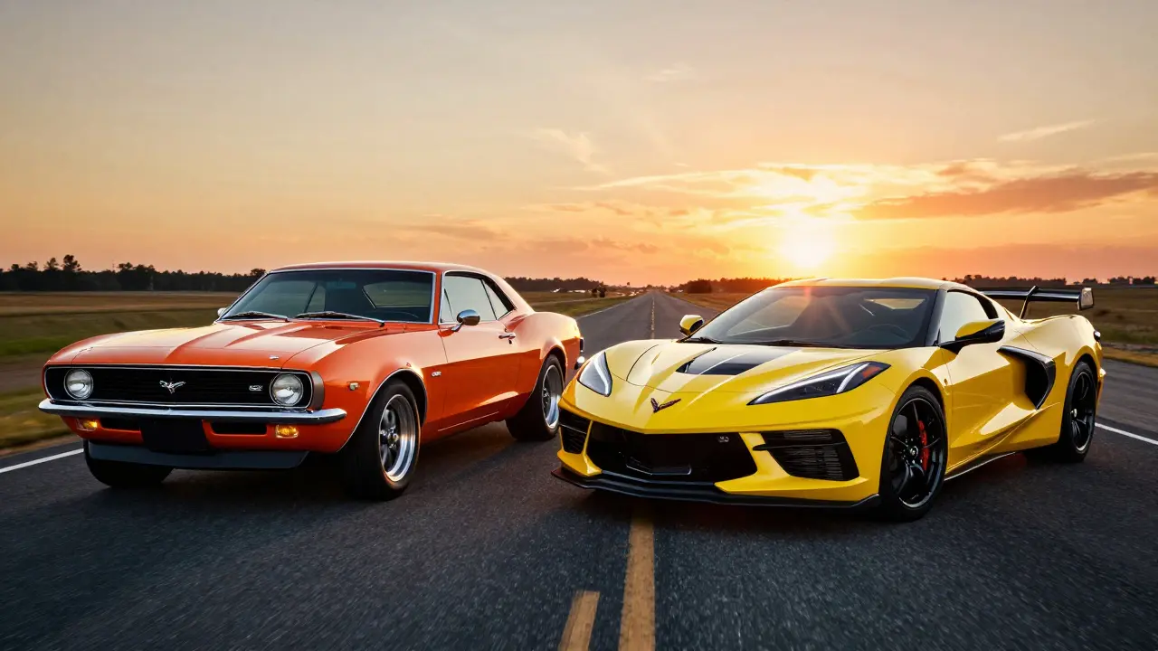 Klasický oranžový Chevrolet Camaro a moderní žlutá Corvette na americké silnici při západu slunce.