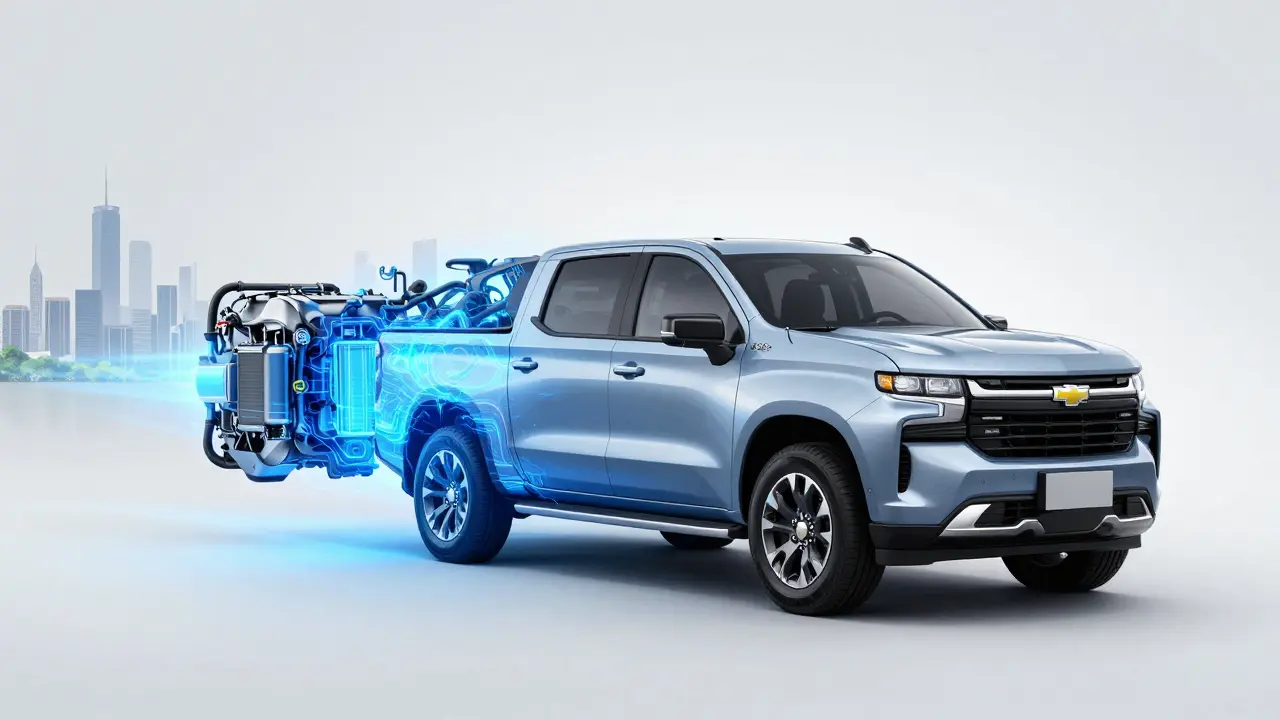 Konceptuální zobrazení elektrického Chevroletu Silverado s vizualizací baterie Ultium.