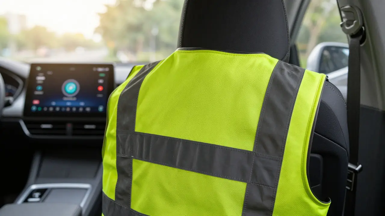 Reflexní vesta umístěná v přihrádce u dveří moderního automobilu.